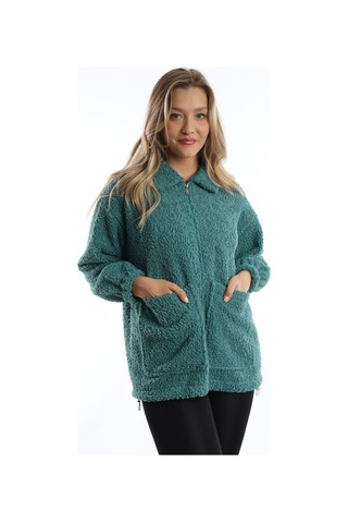 Kadın Fermuarlı Stoper Detaylı Kıvırcık Peluş Ceket Petrol