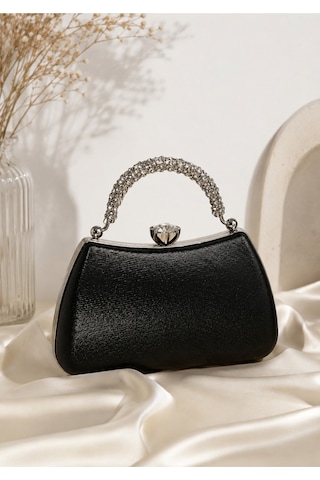 Famels Abiye Çanta Siyah Taşlı Kulp Abiye Çanta Kol/el Çantası Gümüş Abiye Çanta Siyah