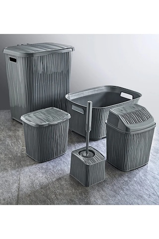 Dalgalı 5 Parça Banyo Seti Kirli Çamaşır Sepeti Deterjanlık Çöp Kovası Temiz Çamaşır Sepeti Çeyizlik Gri Gri