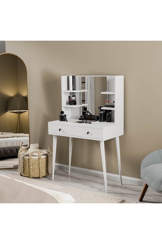 2200 Lucky Aynalı Ahşap Ayaklı 2 Çekmeceli 80 Cm Makyaj Masası