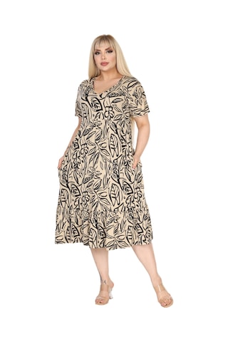 Melsay Butik Göğüsten Robalı V Yaka Kısa Kollu Bej Yaprak Desen Cepli Elbise Krem