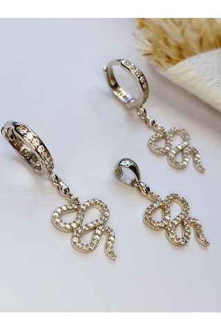 Gümüş Yılan Tasarım Kolye Ucu Küpe Kadın Set