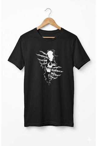 Erkek Pamuklu Rahat Kalıp Kurukafa Baskılı T-shirt Siyah