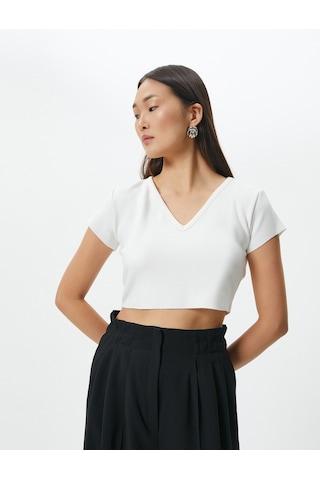 Koton Crop Tişört Kısa Kollu V Yaka Ekru 4sak50231ek 4SAK50231EK010 Ekru