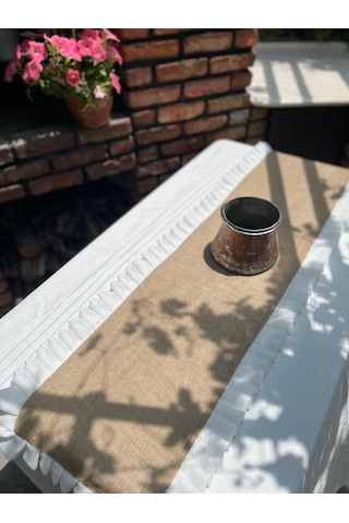 Diletto Hasır Jüt Kumaş Tül Detaylı Runner Kahverengi / Beyaz