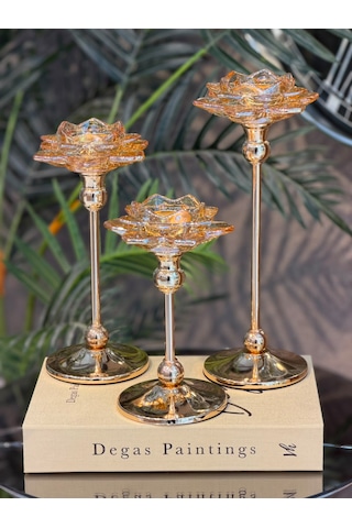 Chacha Home 3'lü Metal Ayaklı Lotus Kristal Cam Şamdan Mumluk Seti 29 Cm - 24 Cm - 19 Cm - Dekoratif Nilüfer Çiçeği Mum Standı Gold
