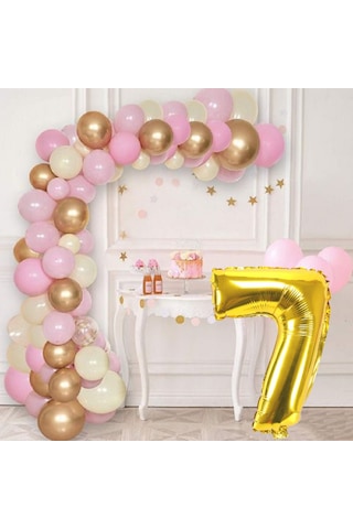 7 Yaş Krom Gold Pastel Pembe Ve Beyaz Balon Seti Gold Rakamlı Doğum Günü Balonu Şık Parti Süsleme Çok Renkli