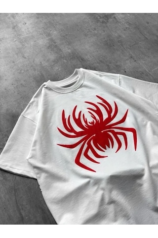Defymoda Erkek Örümcek Baskılı Tişört Kısa Kollu Bisiklet Yaka T-shirt - Beyaz