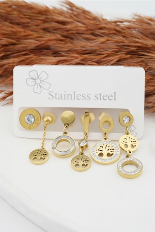 Kadın Kararmaz 6'Lı Hayat Ağacı Detaylı Çelik Set Küpe Altın-M