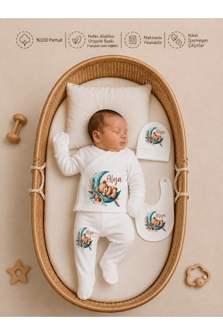 Pia Baby Erkek Bebek Hastane Çıkışı Seti 4 Parça %100 Pamuk İsimli Organik Baskılı Battaniyeli Tulum Seti 1014bt0x Krem