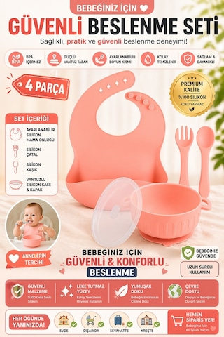 Silikon Beslenme Seti, Vakumlu Kapaklı Mama Kasesi, Silikon Önlük, Silikon Kaşık Ve Çatal / Pembe