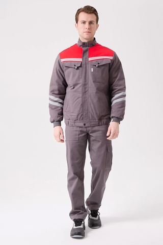 Kışlık İş Montu Grikırmızı Reflektörlü Gabardin Royal Mont İçi Kapitoneli Sıcak Tutan Gri-Kırmızı