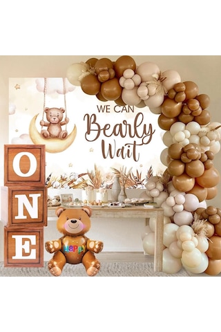 Oyuncak Ayı Temalı 1 Yaş Doğum Günü Seti Ahşap Görünümlü One Kutu Ve Retro Balon Zincir Set