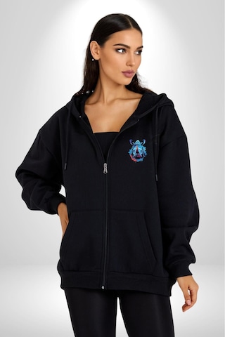 Angemiel Su Aygırı Hipopotamo Renkli Kadın Erkek Siyah Renk Kapüşonlu Kanguru Cepli Fermuarlı Pamuklu Oversize Dijital Baskılı Hırka Sweatshirt Siyah