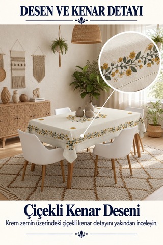 Vivanni Home Yıkanabilir Dikdörtgen Masa Örtüsü Günlük Kullanıma Uygun Pratik Ve Uzun Ömürlü Papatya Beyaz