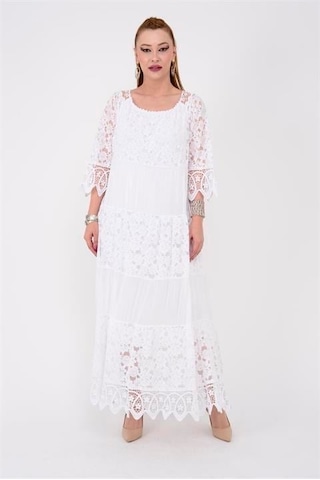 Eren Style İtalyan Sunshine İpek Detaylı Dantelli Elbise-9033 Beyaz