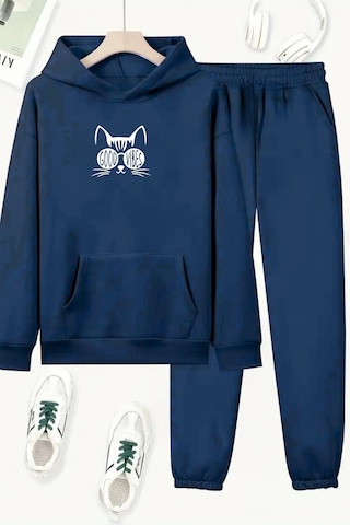 Unisex Lacivert Good Vibes Cat Baskılı Eşofman Kapüşon- Kışlık Şardonlu Kumaş Lacivert