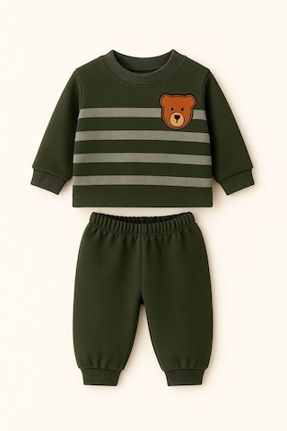 Oz Baby Çizgili Ayıcık Baskılı Kışlık Unisex Polar Bebek Takım Kız Ve Erkek Bebek Polar 1-4 Yaş Koyu Yeşil