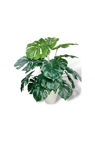 Yapay Çiçek Krem Saksıda Monstera Deve Tabanı Yeşil Doğal Dokulu 18dal 50cm Salon Çiçeği Yapay Bitki