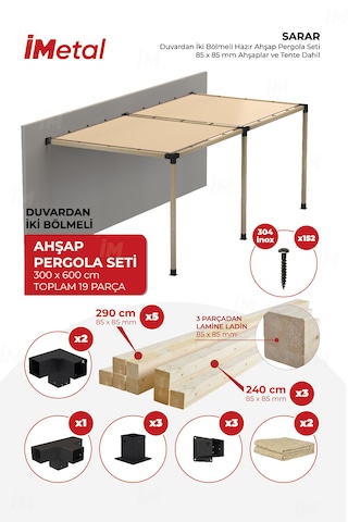 Sarar Duvardan İki Bölümlü Pergola Seti Ahşaplar Ve Tente Dahil