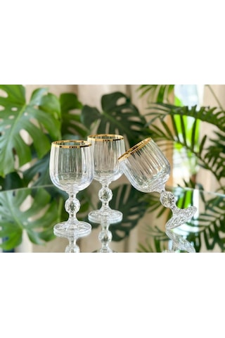 Alfafe Home Bohemia Kristal Optik Kadeh Seti 6 Lı Gerçek Altın Yaldız Ağızlı Şık Cam Kadeh Altın