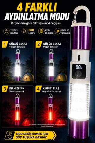 Şarjlı Kamp Feneri Usb Type-c 500 Lümen Dijital Pil Göstergeli Led El Feneri Zoomlu Kamp Ve Acil Dur Çok Renkli