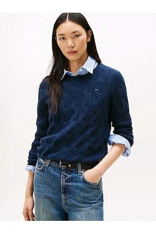 Tommy Hilfiger Soft Wool Cable C-nk Ls Swt Kadın Mavi Kazak - Ww0ww43586 Mavi
