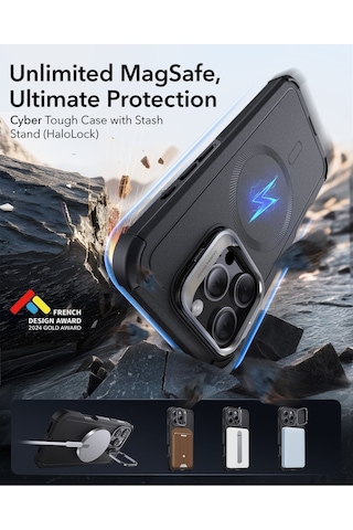 Esr Apple Uyumlu iPhone 16 Pro Kılıf Cyber Tough Halolock Magsafe Stantlı Silikon Gri