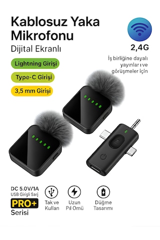 Lightining Type-c 3.5mm Uyumlu Dijital Ekranlı 2.4g Kablosuz Çift Yaka Mikrofonu Pro++