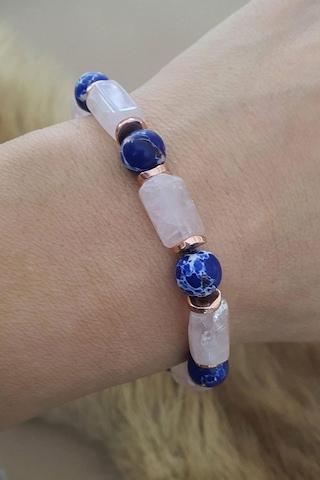 Pembe Kuvars, Lapis Lazuli Hematit Taşlı El İşi Tasarım Doğal Taş Bileklik Gümüş