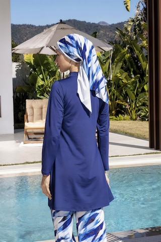 Mayom Bol Pantolonlu Tam Kapalı Desenli Tesettür Mayo - 2534 Lacivert-beyaz