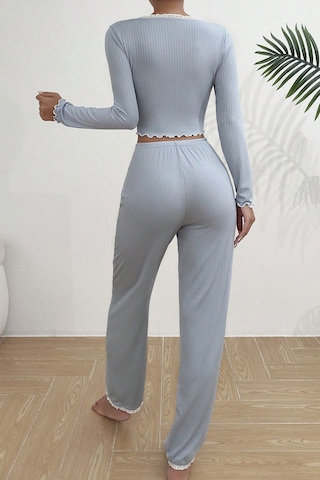 Merry See Önden Düğmeli Uzun Kollu Şık Pijama Takımı Mavi