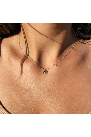 Tasarım Kirpik Nazar Boncuğu Lacivert Mineli Tasarım Stil Modern 14 Ayar Altın Kolye-altın Kolye