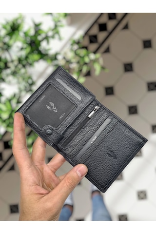 Visso 114 Hakiki Deri Çanta İsme Özel Çıtçıtlı Siyah Cüzdan Siyah