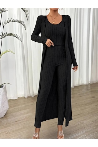 Kadın Yuvarlak Yaka Askılı Krop Bluz Yüksek Bel Tayt Ve Uzun Hırka Şardonlu Kaşkorse Üçlü Takım Siyah