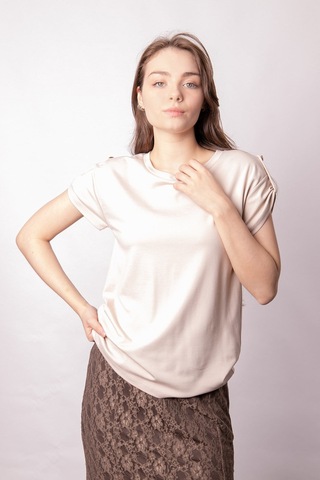 Kadın Modal Penye Geniş Sıfır Yaka Düşük Omuzlu Apoletli Kısa Kol T-shirt Bluz-bej Bej