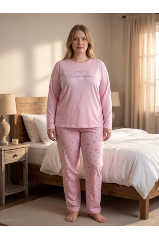 Pijamoni Battal Milan Uzunkol Pijama Takım 7666 Pembe