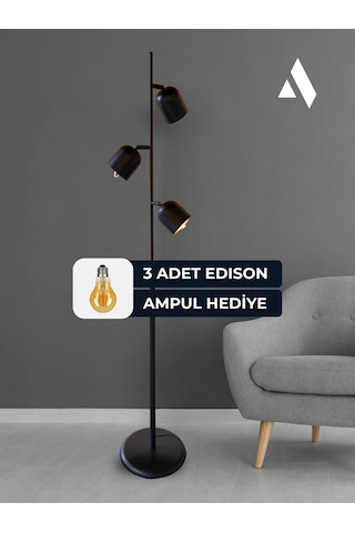 Horion Siyah Metal Lambader 3 Başlıklı, Ayarlanabilir Modern Lambader Ev Ve Ofis İçin Dekoratif Aydınlatma Gold Siyah