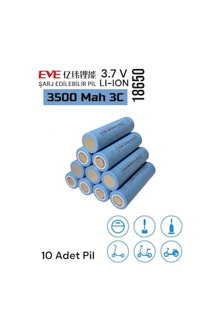 Eve 18650 3.7v Volt 3500 Mah 3c 35v Lityum Şarj Edilebilir 10 Adet Pil Batarya