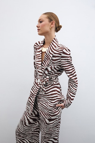 Sateen Kuşaklı Zebra Ceket - Kahve-135433 Kahve