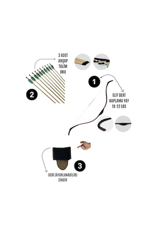 Geleneksel Okçuluk Başlangıç Seti - Elif Yay Kaplamalı + 3 Ok + Zihgir