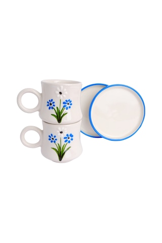 2 Li Takım Mavi Papatya Desenli, El Yapımı Kazan Seramik Kahve Fincanı, Kahve Fincanı, Hand Made Beyaz