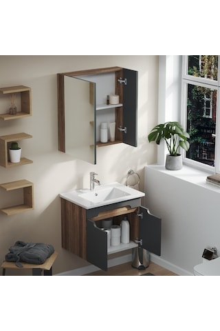 Aqua Bagno Luvi Alt Dolap + Üst Dolap -lavabo Dahil-65 Cm.-3 Parça Antrasit Gri - Atlantik Çam