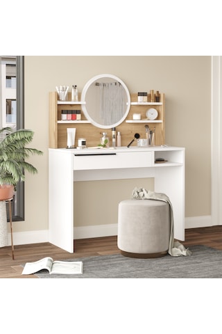 Robin Home Paris Makyaj Masası Aynalı Raflı Çekmeceli Sepet-beyaz