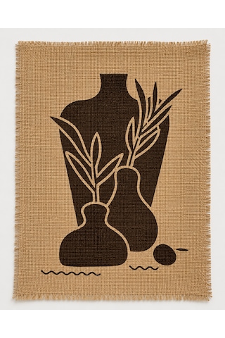 Bohem Jüt Kumaş Duvar Tablosu - El Yapımı Minimalist Vazo Ve Yaprak Desenli Rustik Hasır Poster