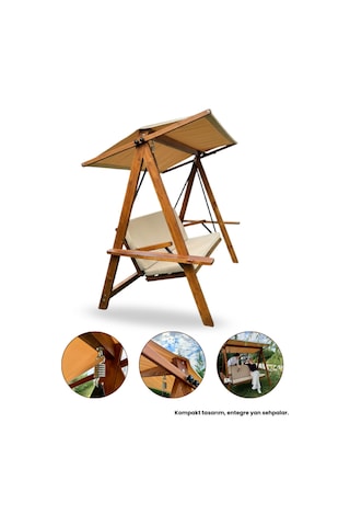 Riva 2100 3 Kişilik Ahşap Bahçe Salıncağı, Balkon ve Teras Salıncağı, Tenteli Camel