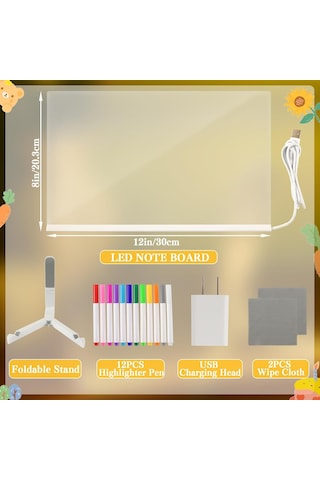 Hombey 30x20cm Büyük Led Işıklı Akrilik Tahta - 12 Renkli Kalem, Açı Ayarlanabilir Tripod, Silme Bezi Ve Şarj Aleti İle Yeniden Kullanılabilir Çizim Ve Not Alma Tablosu Beyaz