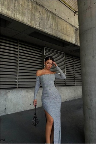 DefyModa Kadın Straplez Yırtmaçlı Balık Kesim Abiye Elbise Gri