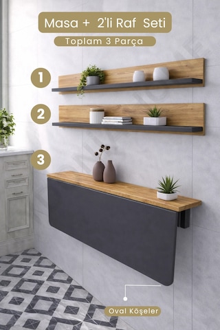 Duvara Monte Katlanır Masa & 2 Li Raf Seti Antrasit Çam 60x110 Cm Antrasit - Çam