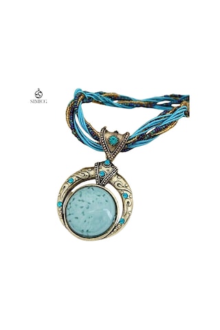 El Dokuması Bohem Pirinç Boncuklu Retro Etnik Tarzda Yuvarlak Değerli Taş Kolye Mavi